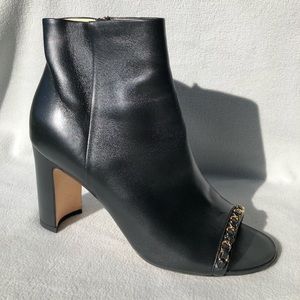 CHANEL Gold Chain Embellished Peep-Toe Short Boots